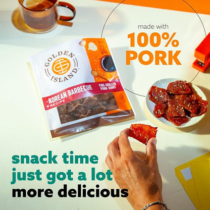Golden Island Korean BBQ Pork Jerky - (2 Pack) 9 oz Resealable Bag - Fire-Grilled Specialty Meat Snack - Sweet & Savory Protein Snack - 7g Protein per Serving - Made with 100% All-Natural Pork