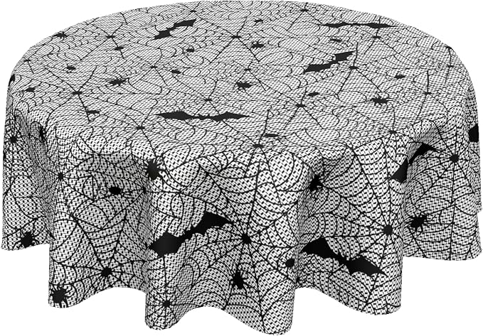 Sweetshow Halloween Bat Table Cloth Round Black and White Spider Web Tablecloth 70 Inch Decor Washable Stain and Wrinkle Resistant Round Table Cover for Dining Party Picnic