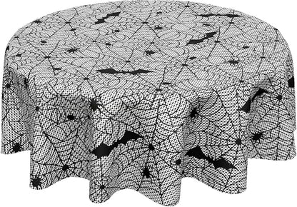 Sweetshow Halloween Bat Table Cloth Round Black and White Spider Web Tablecloth 70 Inch Decor Washable Stain and Wrinkle Resistant Round Table Cover for Dining Party Picnic