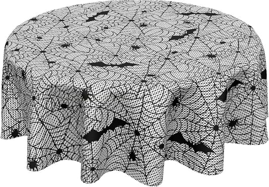 Sweetshow Halloween Bat Table Cloth Round Black and White Spider Web Tablecloth 70 Inch Decor Washable Stain and Wrinkle Resistant Round Table Cover for Dining Party Picnic
