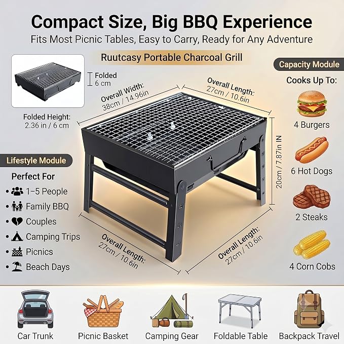 Portable Foldable Charcoal Grill 15" Tabletop BBQ | Lightweight & Compact, Easy Setup, Camping & Picnic, Outdoor Use, Beach & Backyard
