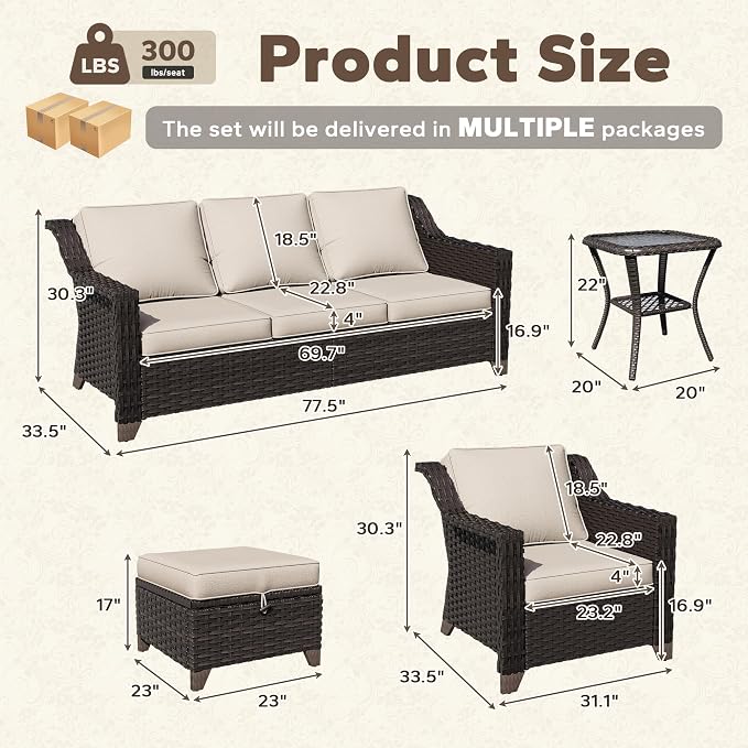 6 Piece Patio Furniture Set, Wicker Outdoor Conversation Set | Patio Chair Set with Olefin Removable Cushion, All-Weather Outdoor Couch with Deep Seat for Porch, Deck and Backyard, Beige