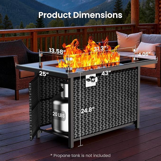 Ciays 43″ Propane Fire Pit with Glass Wind Guard, CSA-Listed 60,000 BTU Outdoor Gas Fire Pit Table, Tempered Glass Top, Glass Rocks,Lid, Adjustable Legs, Fire Table for Patio, Garden & Party, Black