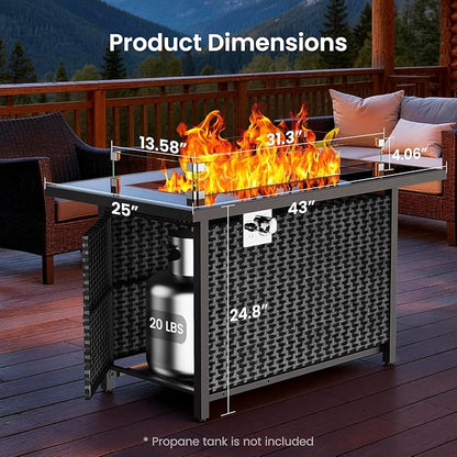 Ciays 43″ Propane Fire Pit with Glass Wind Guard, CSA-Listed 60,000 BTU Outdoor Gas Fire Pit Table, Tempered Glass Top, Glass Rocks,Lid, Adjustable Legs, Fire Table for Patio, Garden & Party, Black