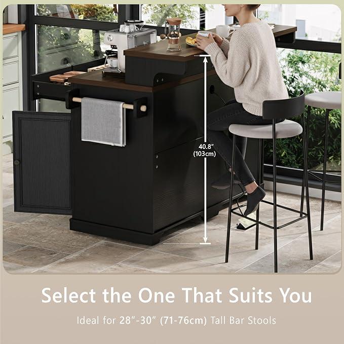 Merax 53.2" Two-Tier Kitchen Island with Storage, Farmhouse Kitchen Island with Power Outlet, 4 Door Shelves, Adjustable Shelves, 3 Drawers, Rolling Island Table, Bar Cabinet for Kitchen, Ash Black
