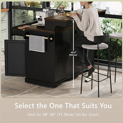 Merax 53.2" Two-Tier Kitchen Island with Storage, Farmhouse Kitchen Island with Power Outlet, 4 Door Shelves, Adjustable Shelves, 3 Drawers, Rolling Island Table, Bar Cabinet for Kitchen, Ash Black