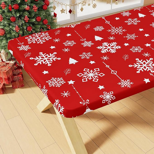 Smiry Rectangle Christmas Table Cloth, Waterproof Elastic Fitted Tablecloths for 8 Foot Tables, Washable Polyester Table Cover for Dinner (Christmas Snowflakes, 30"x96")