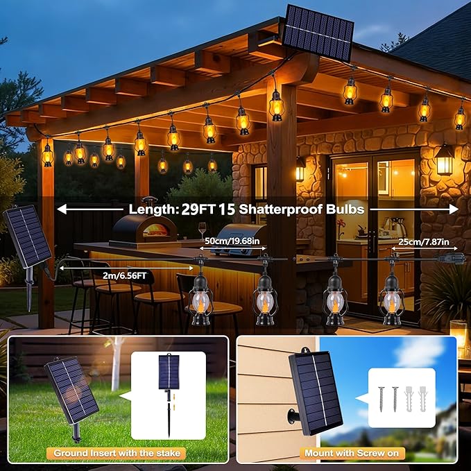 Solar Flame String Lights Outdoor, 29FT Solar Halloween Light with 15 Bulbs | Flickering Flame, Waterproof Solar Powered Outdoor Lights for Yard Patio Bistro Porch Garden Home Halloween Decorations