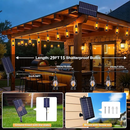 Solar Flame String Lights Outdoor, 29FT Solar Halloween Light with 15 Bulbs | Flickering Flame, Waterproof Solar Powered Outdoor Lights for Yard Patio Bistro Porch Garden Home Halloween Decorations