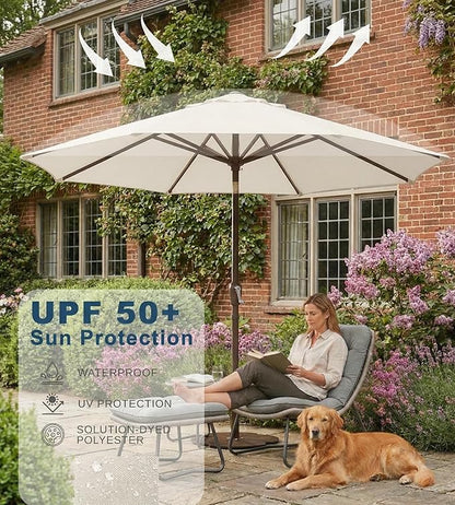 PatioKingdom 9FT Patio Outdoor Umbrella-UPF 50+ Sun Shade with Wind Vent, Push-Button Tilt & Smooth Crank Lift, Rust-Resistant Fiberglass Frame for Garden, Backyard,Yard (Creamy-white)