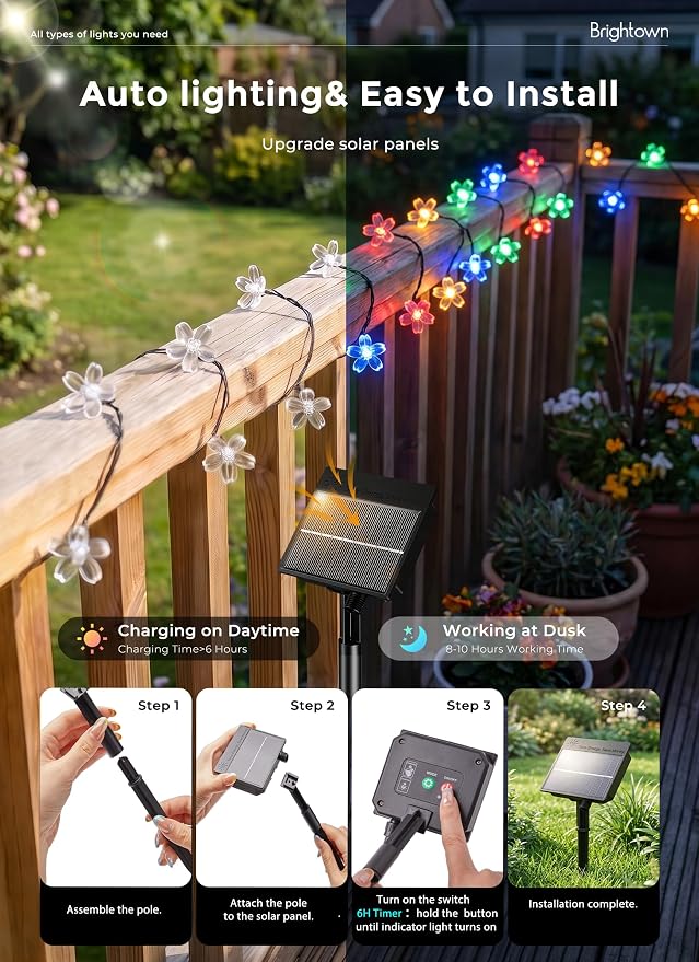 Brightown 2Pack Flower Solar String Lights, 60 LED Outdoor Waterproof Fairy Lights for Garden Yard Fence Patio Christmas Tree Wedding Party Decor, Multicolor