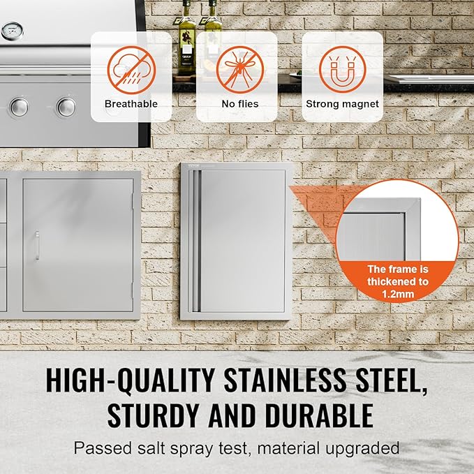 VEVOR BBQ Access Door, 17W x 24H Inch Single Outdoor Kitchen Door, Stainless Steel Flush Mount Door, Wall Vertical Door with Recessed Handle, for BBQ Island, Grilling Station, Outside Cabinet