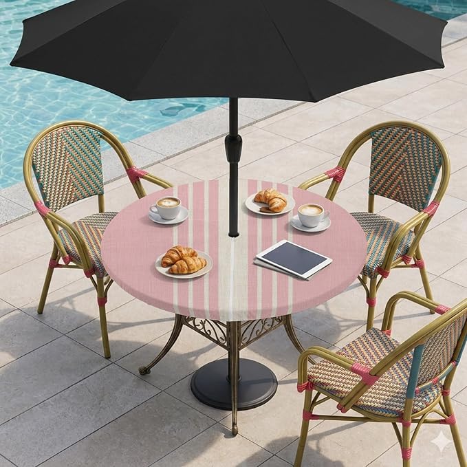Outdoor Fitted Tablecloth with Umbrella Hole and Zipper, Pink Beige Striped Elastic Round Patio Table Cover, Farmhouse Retro Lines Modern Windproof Table Protector for Backyard BBQ Party 36''-44''