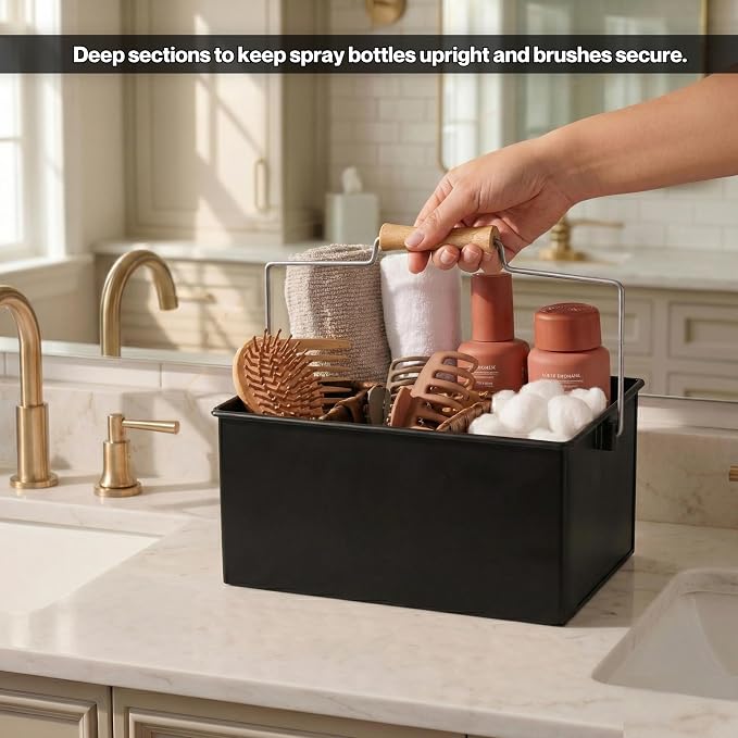 Alpha Living Home Heavy Duty Metal Alloy Utensil Silverware Caddy - 4 Compartment Flatware Organizer with Handle - Farmhouse Rustic Kitchen Storage for Countertop, Tabletop, Picnics & Parties (Black)
