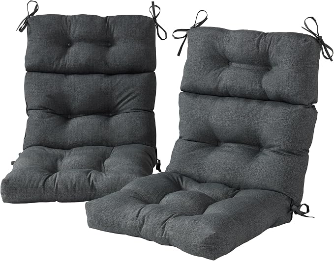 Outdoor Tufted High-Back Chair Cushions, One-Piece Hinged Seat and Back Design, Reversible with 4 Ties, Durable Polyester Fabric, Recycled Fiber Fill - Set of 2, Carbon