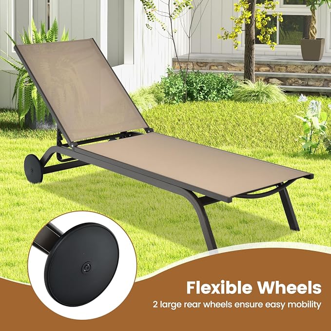 COSTWAY Outdoor Patio Chaise Lounge, 6-Position Adjustable Pool Lounger | with Stable Aluminum Frame, Portable Sun Bathing Lounge Chair on Wheels for Backyard Garden, Brown