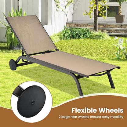 COSTWAY Outdoor Patio Chaise Lounge, 6-Position Adjustable Pool Lounger | with Stable Aluminum Frame, Portable Sun Bathing Lounge Chair on Wheels for Backyard Garden, Brown