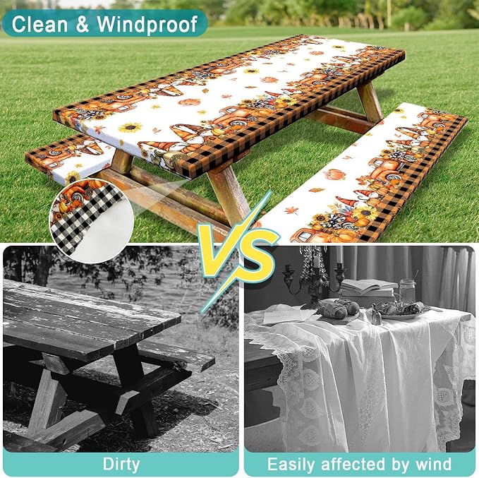 Fall Picnic Table Cover with Bench Covers, Camping Essentials, Thanksgiving Buffalo Plaid Floral Waterproof Windproof, Fitted Tablecloth Cover with Elastic Edge, Indoor & Outdoor, 3 PCS, 30x60 Inch