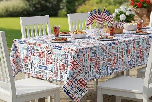 Newbridge Celebrate America Patriotic Blue Stars and Stripes 52 x 70 Inch Rectangle Vinyl Flannel Back Tablecloth, Waterproof Indoor Outdoor Dining BBQ Picnic Table Cover