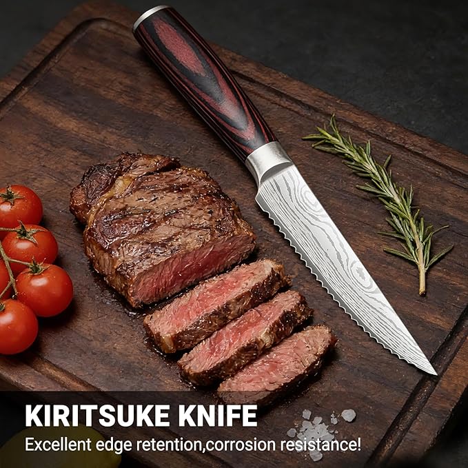 4.5 Inch Serrated Steak Knife - Ultra Sharp Serrated Knife Japanese High Carbon Steel Blade, Ergonomic Handle, Premium Kitchen Cutlery for Steak, BBQ & Outdoor Meals