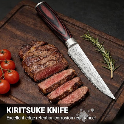 4.5 Inch Serrated Steak Knife - Ultra Sharp Serrated Knife Japanese High Carbon Steel Blade, Ergonomic Handle, Premium Kitchen Cutlery for Steak, BBQ & Outdoor Meals