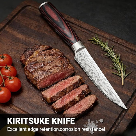 4.5 Inch Serrated Steak Knife - Ultra Sharp Serrated Knife Japanese High Carbon Steel Blade, Ergonomic Handle, Premium Kitchen Cutlery for Steak, BBQ & Outdoor Meals