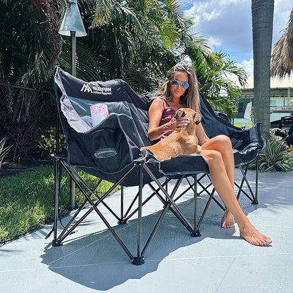 Huskfirm 3 Person Camping Chairs Folding Double Camp Chair for Adults Black | Oversized Loveseat Camping Chair Padded Heavy Duty Camping Couch for Outdoor Lawn with Two Cup Holders and Carry Bag