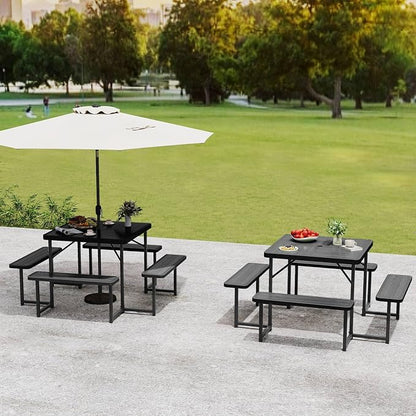 4-8 Person Picnic Table Set, Umbrella Hole, Heavy-Duty Metal Frame & 4 Benches, HDPE Square Outdoor Dinning Table & Benches for Outside, Patio, Garden, Backyard, Porch (Black)