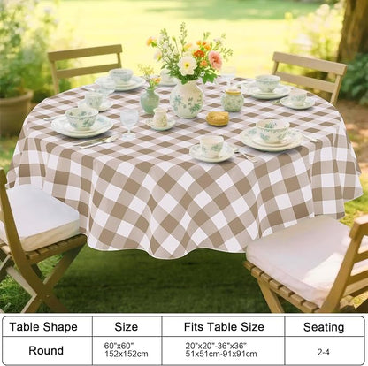 Smiry Picnic Table Cloth, Vinyl Tablecloths with Flannel Backing, 60" Round | Waterproof Picnic Table Cloth, Wipeable Buffalo Plaid Table Cover for Indoor and Outdoor (Khaki & White)