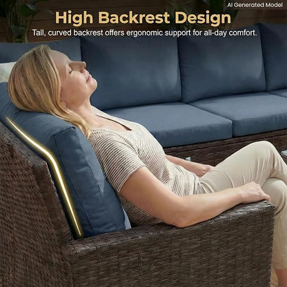 Wisteria Lane 7 Piece Patio Furniture Set, Patio Sectional for All Weather | High Curved Back Outdoor Furniture Dining Set, Wicker Patio Sofa, Patio Conversation Sets with Ottoman for Deck, Porch, Blue