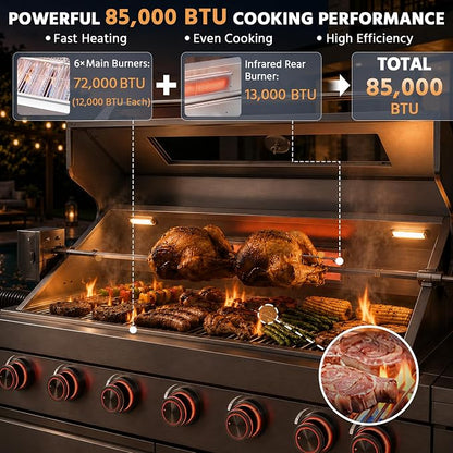 96" Outdoor Kitchen Grill Island with Refrigerator and Sink, 6 Burner 85000 BTU Stainless Steel BBQ Grill Station, Outdoor Cooking Station for Backyard Patio Poolside, Silver