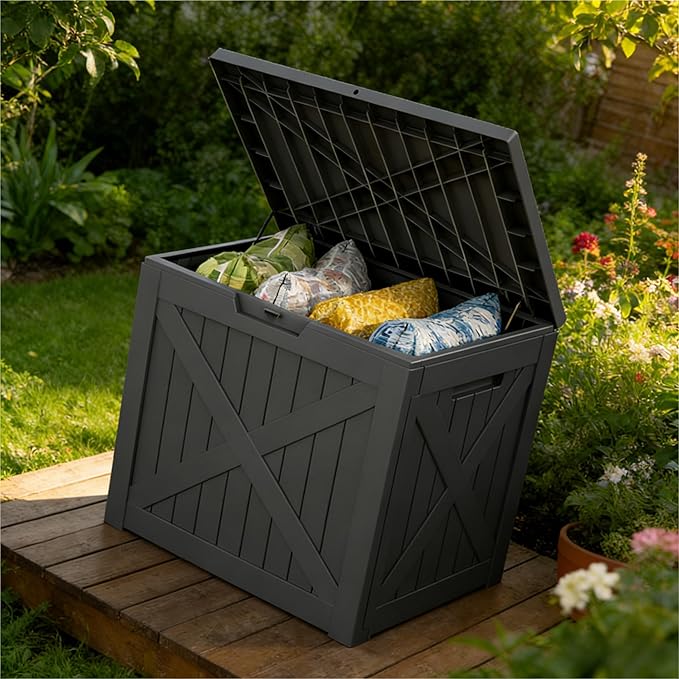 35 Gallon Outdoor Deck Box - Lockable Waterproof Storage Container, Resin Weatherproof Box for Patio Garden Furniture Pool Tools Cushions, Black