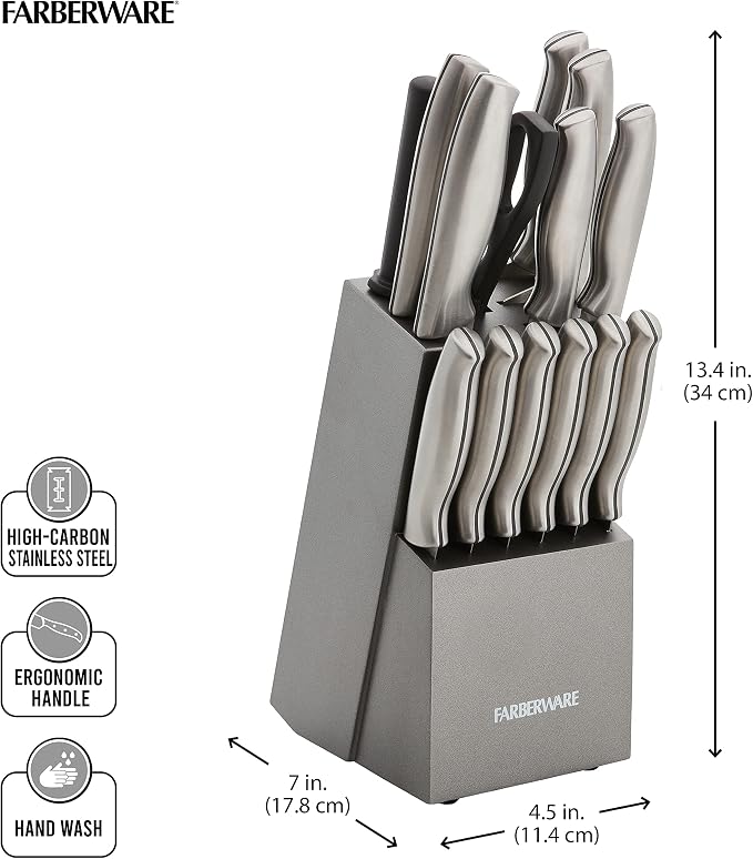 Farberware 15-Piece Knife Block Set, High Carbon Stainless Steel Kitchen Knife Set with Graphite Block, Chef Knife, Bread Knife, Santoku, Steak Knives, and Sharpening Steel