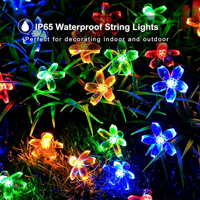 Solar String Flower Lights Outdoor 100 LED 40Ft Multi-Color Christmas Fairy Lights with 8 Lighting Modes, Waterproof Solar Lights Outdoor for Garden Christmas Wedding Party Xmas Tree Decoration