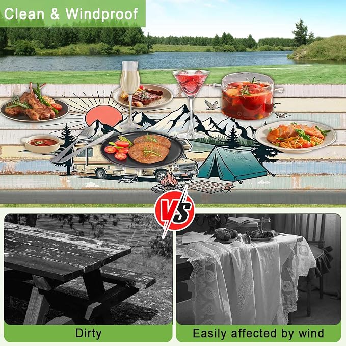 JAWO Picnic Table Cover with Bench Covers Camper RV Camping Essentials, Oil-Proof Waterproof 3PCS Tablecloth with Elastic, Fitted for Table Rectangle and Seats, Board Beach 30X72inch