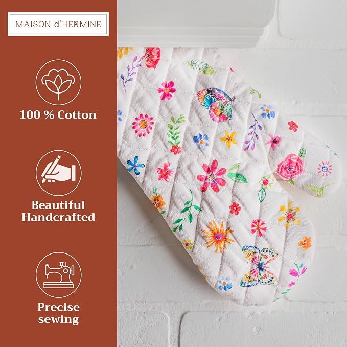 Maison d'Hermine Oven Gloves 100% Cotton Oven Mitt (7" x 13", Pack of 1) | With Loop Heat Resistant BBQ Cooking Gloves Baking Grilling Kitchen Handling Hot Pans Spring Summer - Happy Florals - Sweety