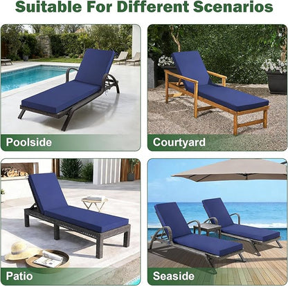 2 Pcs Chaise Lounge Cushions Outdoor, 72x 21x 3 Inch Waterproof & Fade-Resistant Lounge Chair Cushion, Outdoor Chaise Cushion with Ties for Lawn, Patio, Pool & Beach, Navy Blue