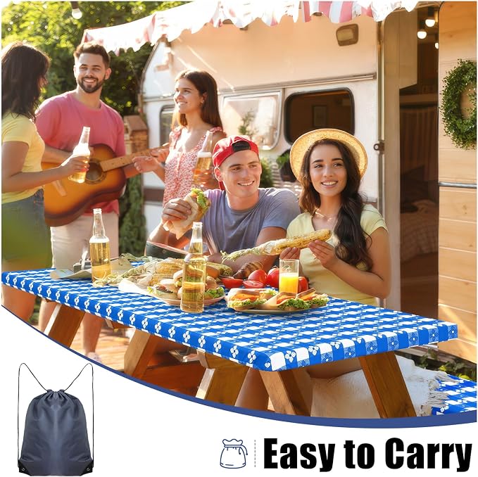 Smiry Picnic Table Cover with Bench Covers, Waterproof Elastic Fitted Tablecloth for 8 Foot Tables, Washable Polyester Tablecloths for Camping, Indoor & Outdoor (Blue & White, 30x96 Inch 3-pc Set)