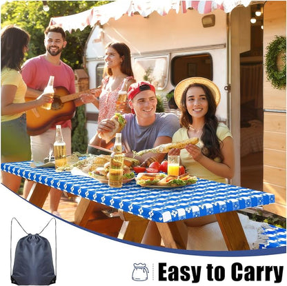 Smiry Picnic Table Cover with Bench Covers, Waterproof Elastic Fitted Tablecloth for 8 Foot Tables, Washable Polyester Tablecloths for Camping, Indoor & Outdoor (Blue & White, 30x96 Inch 3-pc Set)