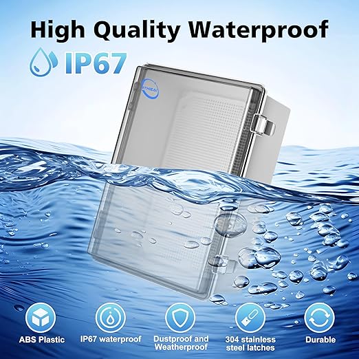 RTHIEAI Waterproof Outdoor IP67 Junction Box (11.4"x7.5"x5.5") with Mounting Plate, Hinged Clear Cover and Wall Brackets - Weatherproof ABS Plastic Electrical Enclosure for DIY Projects(290x190x140mm)