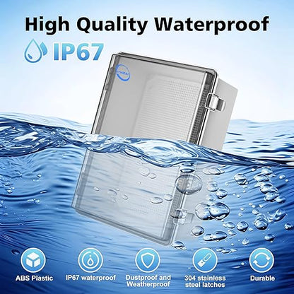 RTHIEAI Waterproof Outdoor IP67 Junction Box (11.4"x7.5"x5.5") with Mounting Plate, Hinged Clear Cover and Wall Brackets - Weatherproof ABS Plastic Electrical Enclosure for DIY Projects(290x190x140mm)