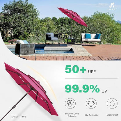 JEAREY 9FT 3 Tier Patio Umbrella Outdoor Market Umbrella Table Umbrellas with 8 Ribs 1.5 Pole Push Button Tilt and Crank UV Protection for Garden,Backyard,Pink