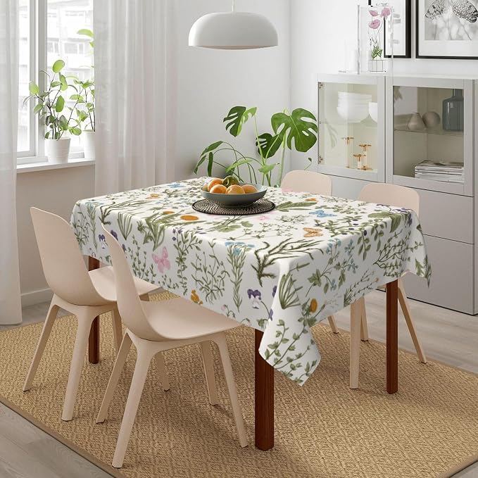 Vintage Floral Rectangle Tablecloth for Kitchen Dinner Picnic Party | 54"x72" Herbs and Wild Flowers Table Cloth Spring Summer Farmhouse Home Decor Cute Botanic Table Cover