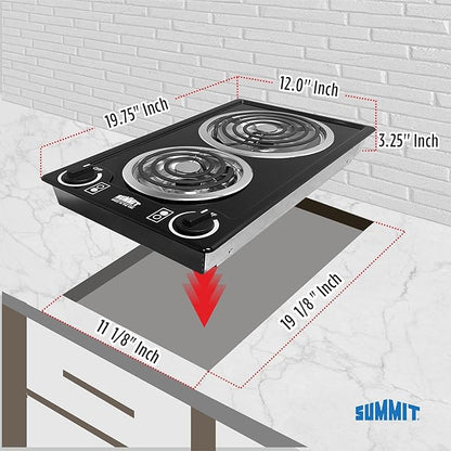 Summit 12" 2 Burner Electric Cooktop. 115 Volt Coil Electric Cooktop, ADA compliant, Black- CCE212BL