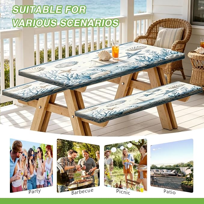Picnic Table Cover with Bench Covers and Bag, Tropical Beach Starfish Rv Essentials, Waterproof Windproof Fabric, Fitted Tablecloth Cover with Elastic Edge, 3 PCS, 30x96 Inch