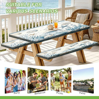 Picnic Table Cover with Bench Covers and Bag, Tropical Beach Starfish Rv Essentials, Waterproof Windproof Fabric, Fitted Tablecloth Cover with Elastic Edge, 3 PCS, 30x96 Inch