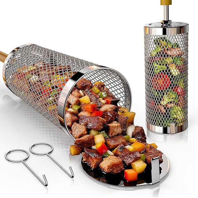 Rolling Grill Basket 2-Pack,304 Stainless Steel Grill Basket with Removable Wooden Handle,BBQ Tool & Smoker Accessory for Grill Rotisseries Veg & Shrimp,Ideal for Outdoor Cooking,Camping & Gifts for Dad/Husband/Men