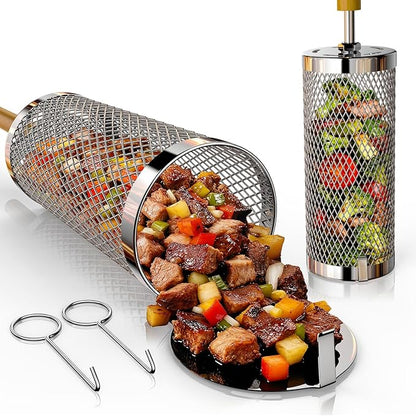 Rolling Grill Basket 2-Pack,304 Stainless Steel Grill Basket with Removable Wooden Handle,BBQ Tool & Smoker Accessory for Grill Rotisseries Veg & Shrimp,Ideal for Outdoor Cooking,Camping & Gifts for Dad/Husband/Men