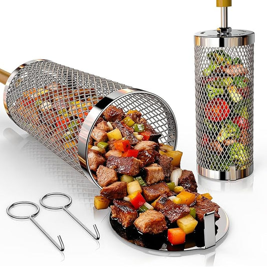 Rolling Grill Basket 2-Pack,304 Stainless Steel Grill Basket with Removable Wooden Handle,BBQ Tool & Smoker Accessory for Grill Rotisseries Veg & Shrimp,Ideal for Outdoor Cooking,Camping & Gifts for Dad/Husband/Men