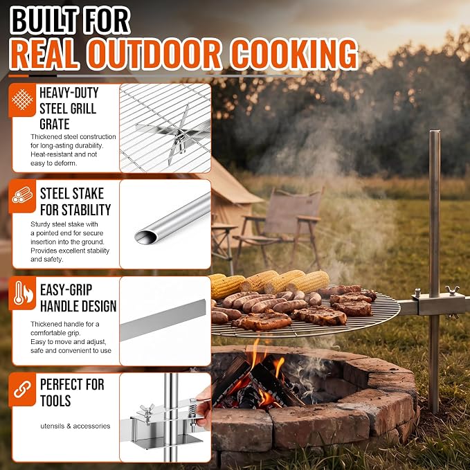 24" Fire Pit Campfire Grill Grate, Foldable Open Fire Cooking Grill Grate Portable Stainless Steel Camping Cooking Barbecue Rack Heavy-duty, Easy Setup & Adjustable Height for Outdoor